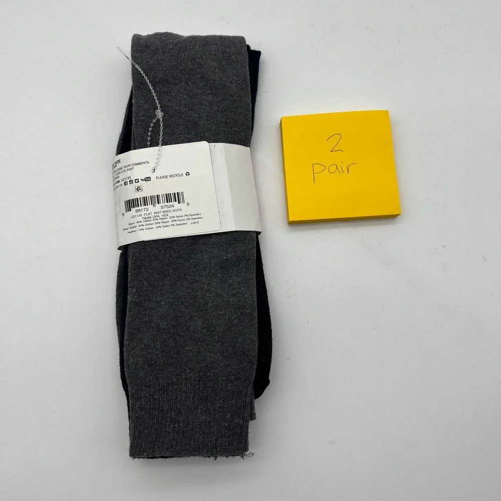 Hue Knee Socks Women OS Black Gray Flat Knit Comfort Rib Band 2 Pairs U21135